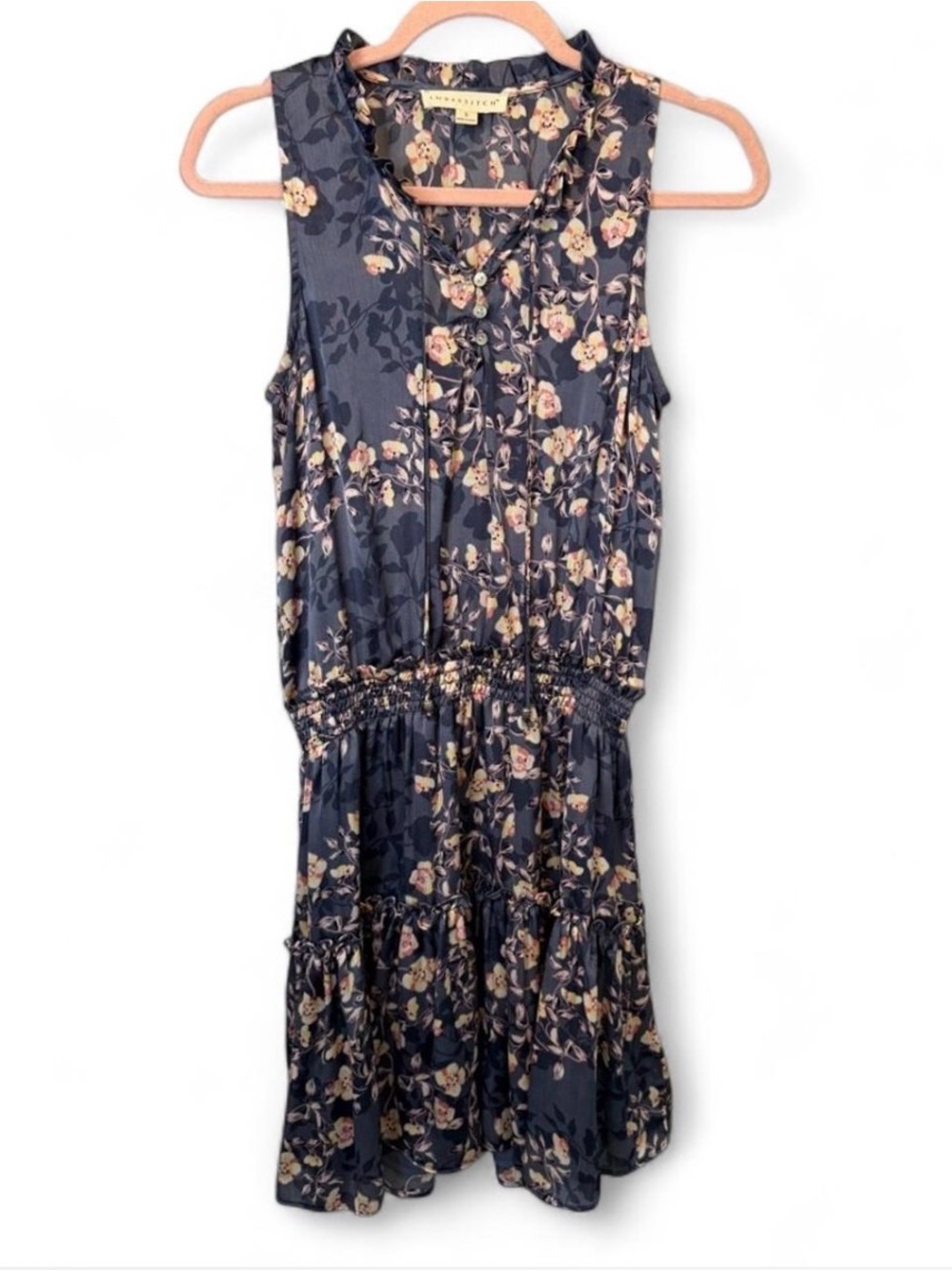 Lovestitch Erica Gray Floral Smocked Waist Sleeveless Mini Dress Small Cottage